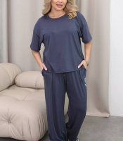 Костюм-тройка женский из хлопковой вискозы холодок: свободная футболка, прямые брюки и шорты повседневный летний