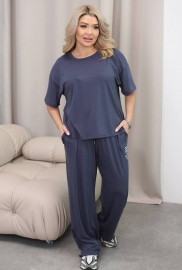 Костюм-тройка женский из хлопковой вискозы холодок: свободная футболка, прямые брюки и шорты повседневный летний Костюм-тройка женский из хлопковой вискозы холодок: свободная футболка, прямые брюки и шорты повседневный летний