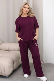 Костюм-тройка женский из хлопковой вискозы холодок: свободная футболка, прямые брюки и шорты повседневный летний Костюм-тройка женский из хлопковой вискозы холодок: свободная футболка, прямые брюки и шорты повседневный летний