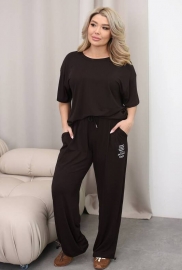 Костюм-тройка женский из хлопковой вискозы холодок: свободная футболка, прямые брюки и шорты повседневный летний Костюм-тройка женский из хлопковой вискозы холодок: свободная футболка, прямые брюки и шорты повседневный летний