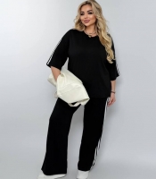 Спортивный костюм-двойка женский из двунитки с кофтой и широкими брюками с лампасами весенне-летний
