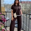 Спортивный костюм-двойка женский из двунитки с футболкой и широкими брюками летний  k-129216