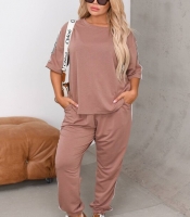 Спортивный костюм-двойка женский из двунитки с футболкой и джоггерами с лампасами больших размеров летний