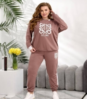 Спортивный костюм-двойка женский из двунитки оверсайз со свитшотом и брюками с принтом и лампасами больших размеров летний