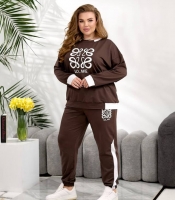 Спортивный костюм-двойка женский из двунитки оверсайз со свитшотом и брюками с принтом и лампасами больших размеров летний