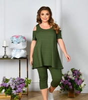 Костюм женский из трикотажа в рубчик с туникой и леггинсами с открытыми плечами повседневный летний