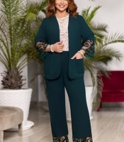 Костюм-двойка женский из креп-дайвинга с пиджаком и брюками с декоративной отделкой флок на сетке летний