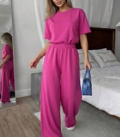 Костюм-двойка женский спортивный из двунитки футболка и широкие брюки весенне-летний