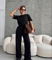 Костюм-двойка женский спортивный из двунитки футболка и широкие брюки весенне-летний