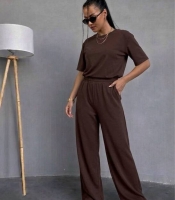 Костюм-двойка женский спортивный из двунитки футболка и широкие брюки весенне-летний