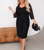 Платье-комбинация женское из льна-жатки с гипюровой накидкой больших размеров весенне-летнее