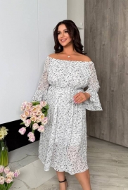 Платье женское шифоновое с цветочным принтом открытыми плечами и рукавами воланами больших размеров весенне-летнее