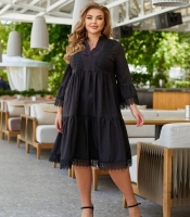 Платье-трапеция женское из софта с кружевной отделкой и длинными рукавами больших размеров весенне-летнее