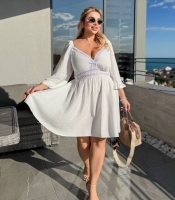 Платье-трапеция женское из льна-жатки с декоративной отделкой и длинными рукавами больших размеров весенне-летнее