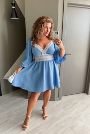 Платье-трапеция женское из льна-жатки с декоративной отделкой и длинными рукавами больших размеров весенне-летнее