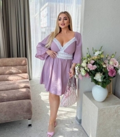 Платье-трапеция женское из льна-жатки с кружевной отделкой и расклешенными рукавами больших размеров весенне-летнее