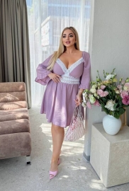 Платье-трапеция женское из льна-жатки с кружевной отделкой и расклешенными рукавами больших размеров весенне-летнее