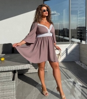 Платье-трапеция женское из льна-жатки с кружевной отделкой и расклешенными рукавами больших размеров весенне-летнее