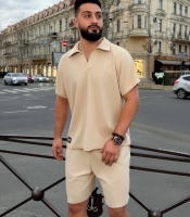 Костюм-двойка мужской трикотажный из эластана Лакоста с футболкой-поло и шортами летний