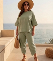 Костюм-двойка женский из льна в стиле бохо свободная блуза оверсайз и брюки весенне-летний