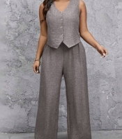Костюм-двойка женский льняной с жилетом и широкими брюками летний