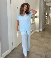 Костюм-тройка женский из шифона и трикотажа с блузой и прямыми брюками в полоску большие размеры летний