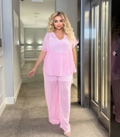 Костюм-тройка женский из шифона и трикотажа с блузой и прямыми брюками в полоску большие размеры летний