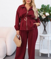 Костюм-двойка женский из костюмной ткани с пиджаком на молнии и поясом с широкими брюками большие размеры летний