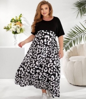 Платье-футболка женское из вискозы и софта свободного кроя с леопардовым принтом большого размера весенне-летнее