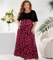 Платье-футболка женское из вискозы и софта свободного кроя с леопардовым принтом большого размера весенне-летнее