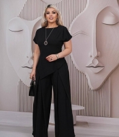 Костюм-двойка женский из крепдайвинга: асимметричная блуза и широкие брюки палаццо летний