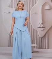 Костюм-двойка женский из крепа и дайвинга: асимметричная блуза и широкие брюки палаццо летний