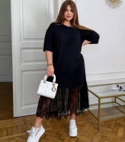 Платье-туника женское из джерси свободного силуэта с кружевом по низу макси весенне-летнее