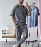 Костюм-двойка мужской льняной с рубашкой с коротким рукавом и брюками летний