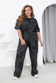 Костюм-двойка женский из вареного трикотажа двунитки с футболкой и прямыми брюками весенне-летний больших размеров