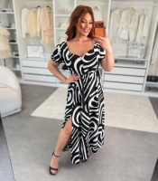 Платье-трапеция женское из крепа макси с орнаментным принтом и разрезом на ноге весенне-летнее больших размеров