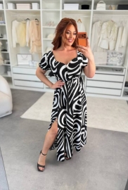 Платье-трапеция женское из крепа макси с орнаментным принтом и разрезом на ноге весенне-летнее больших размеров