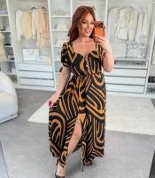 Платье-трапеция женское из крепа макси с орнаментным принтом и разрезом на ноге весенне-летнее больших размеров