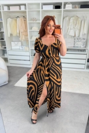 Платье-трапеция женское из крепа макси с орнаментным принтом и разрезом на ноге весенне-летнее больших размеров