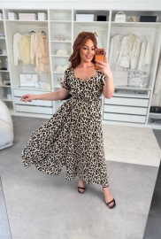 Платье-трапеция женское из крепа макси с леопардовым принтом расклешенное весенне-летнее больших размеров