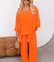 Костюм-тройка женский из крепа с майкой брюками палаццо и накидкой летний больших размеров