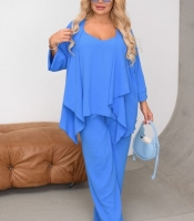 Костюм-тройка женский из крепа с майкой брюками палаццо и накидкой летний больших размеров