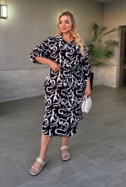 Платье-рубашка женское штапельное миди с поясом и абстрактным рисунком весеннее летнее больших размеров