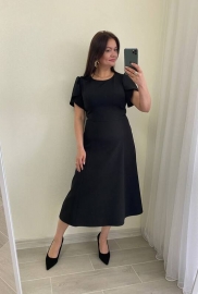 Платье женское миди из костюмного крепа приталенное с юбкой солнце-клеш короткими рукавами воланами весенне-летнее