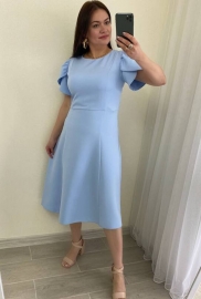 Платье-трапеция женское миди из костюмного крепа приталенное с юбкой солнце-клеш короткими рукавами воланами весенне-летнее