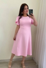 Платье-трапеция женское миди из костюмного крепа приталенное с юбкой солнце-клеш короткими рукавами воланами весенне-летнее