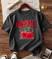 Футболка женская хлопковая из кулира прямого свободного кроя с крупным принтом CHERRIES и рисунком вишни весенне-летняя