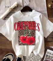 Футболка женская хлопковая из кулира прямого свободного кроя с крупным принтом CHERRIES весенне-летняя