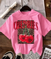 Футболка женская хлопковая из кулира прямого свободного кроя с крупным принтом CHERRIES весенне-летняя