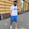 Костюм-двойка мужской из двунитки с вискозой с футболкой с надписью и шортами весенне-летний k-130223 Костюм-двойка мужской из двунитки с вискозой с футболкой с надписью и шортами весенне-летний k-130223